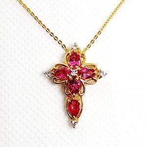 Natural Rubellite & White Zircon cross pendant necklace in 14K YG/925SS 20 inch